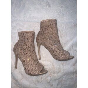 Aldo Sequin Peep-Toe Stiletto Booties –‎ Rose Gold/Tan – Size 9
